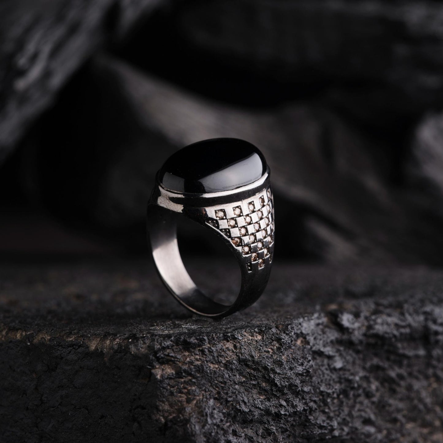 Black Onyx Ring 925 Sterling Silver Engraved Micro Stone Men Handcrafted
