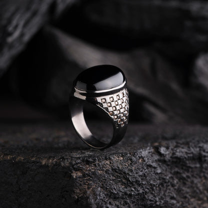 Black Onyx Ring 925 Sterling Silver Engraved Micro Stone Men Handcrafted