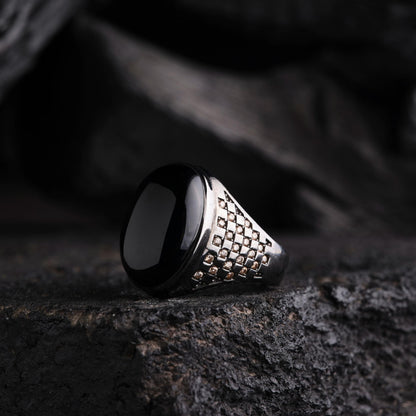 Black Onyx Ring 925 Sterling Silver Engraved Micro Stone Men Handcrafted