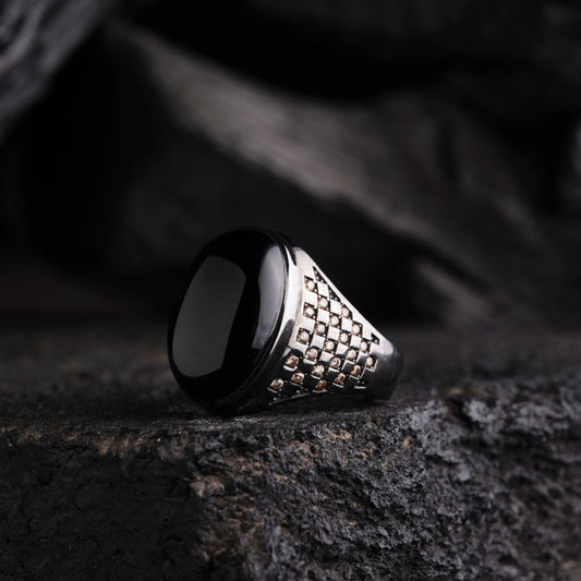 Black Onyx Ring 925 Sterling Silver Engraved Micro Stone Men Handcrafted