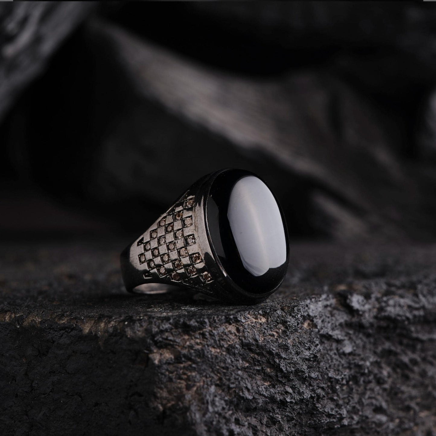 Black Onyx Ring 925 Sterling Silver Engraved Micro Stone Men Handcrafted
