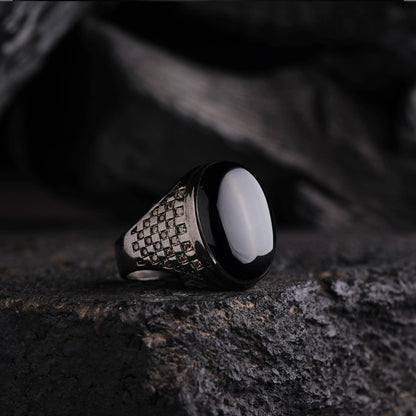 Black Onyx Ring 925 Sterling Silver Engraved Micro Stone Men Handcrafted