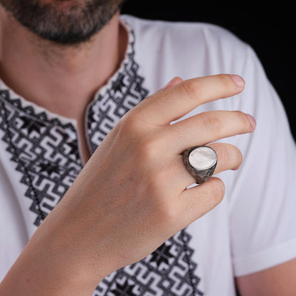 Mother of Pearl Sedef Stone 925 Sterling Silver Ring Wall Pattern Engraved Handcrafted