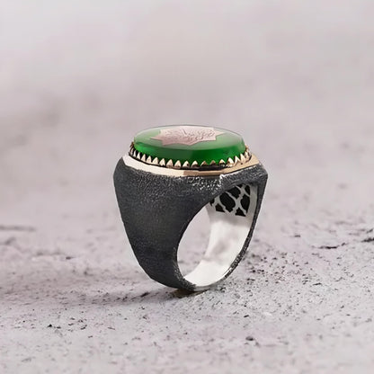 Shahada-Ring mit graviertem grünem Bernstein: Sandgestrahltes 925er Sterlingsilber, islamischer Schmuck