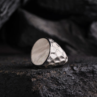 Mother of Pearl Sedef Stone 925 Sterling Silver Ring Wall Pattern Engraved Handcrafted