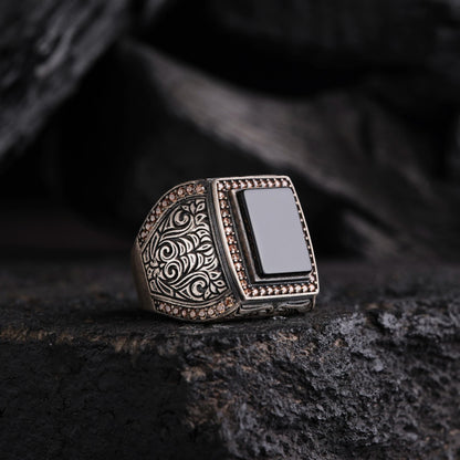 Black Onyx Coral Micro Stone Ring 925 Sterling Silver Oxidized Handcrafted