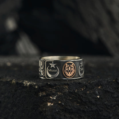 Wolfsring aus Sterlingsilber mit Halbmond und Stern – Individuelle Namensgravur von Bozkurt Design
