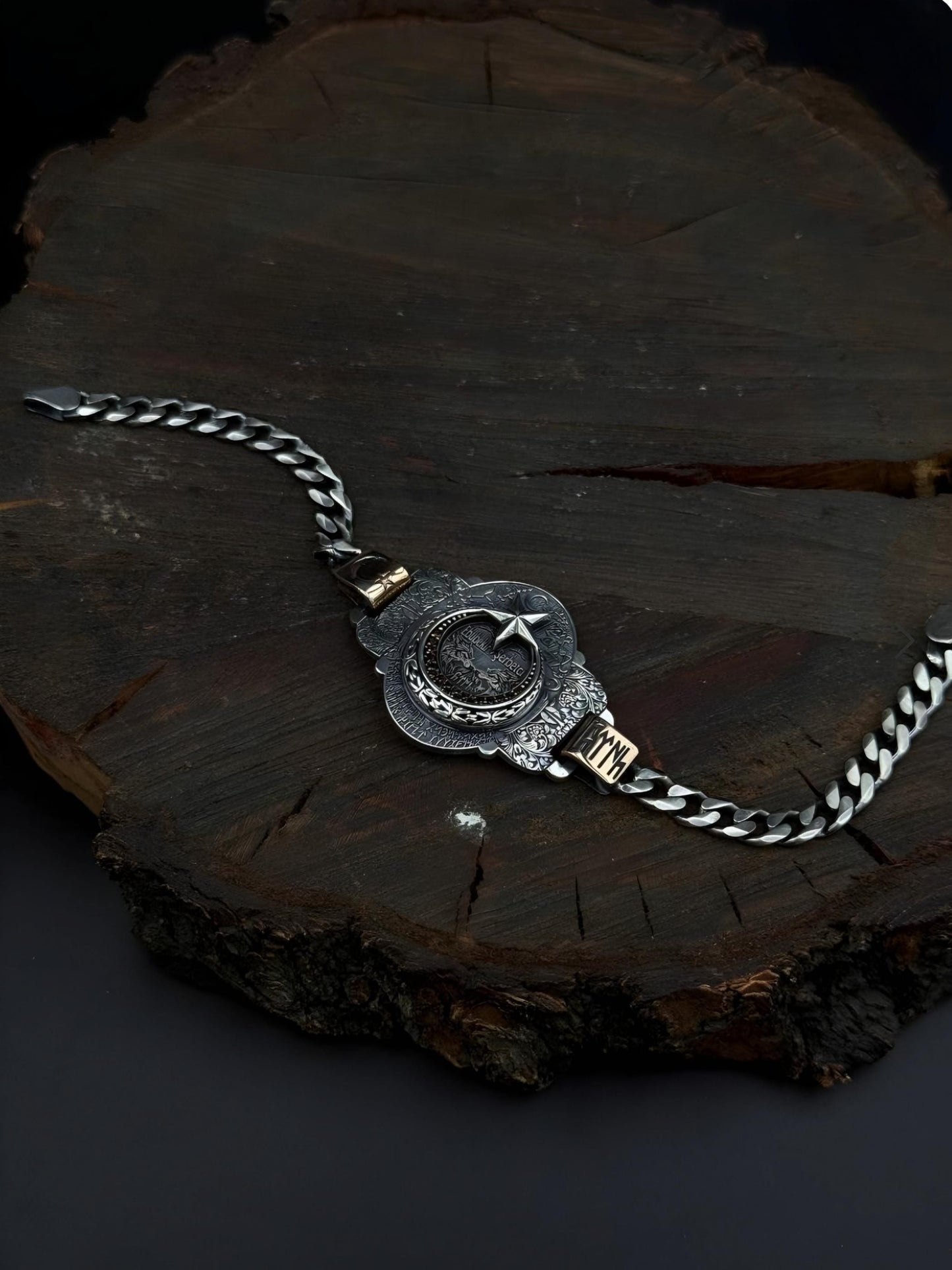Crescent Star Bracelet – Red Topaz & Name Engraving | 925 Silver