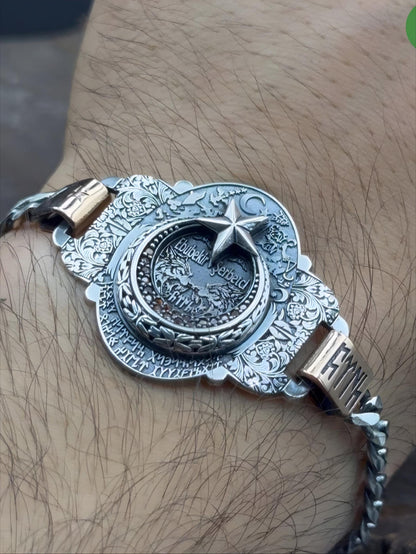 Crescent Star Bracelet – Red Topaz & Name Engraving | 925 Silver