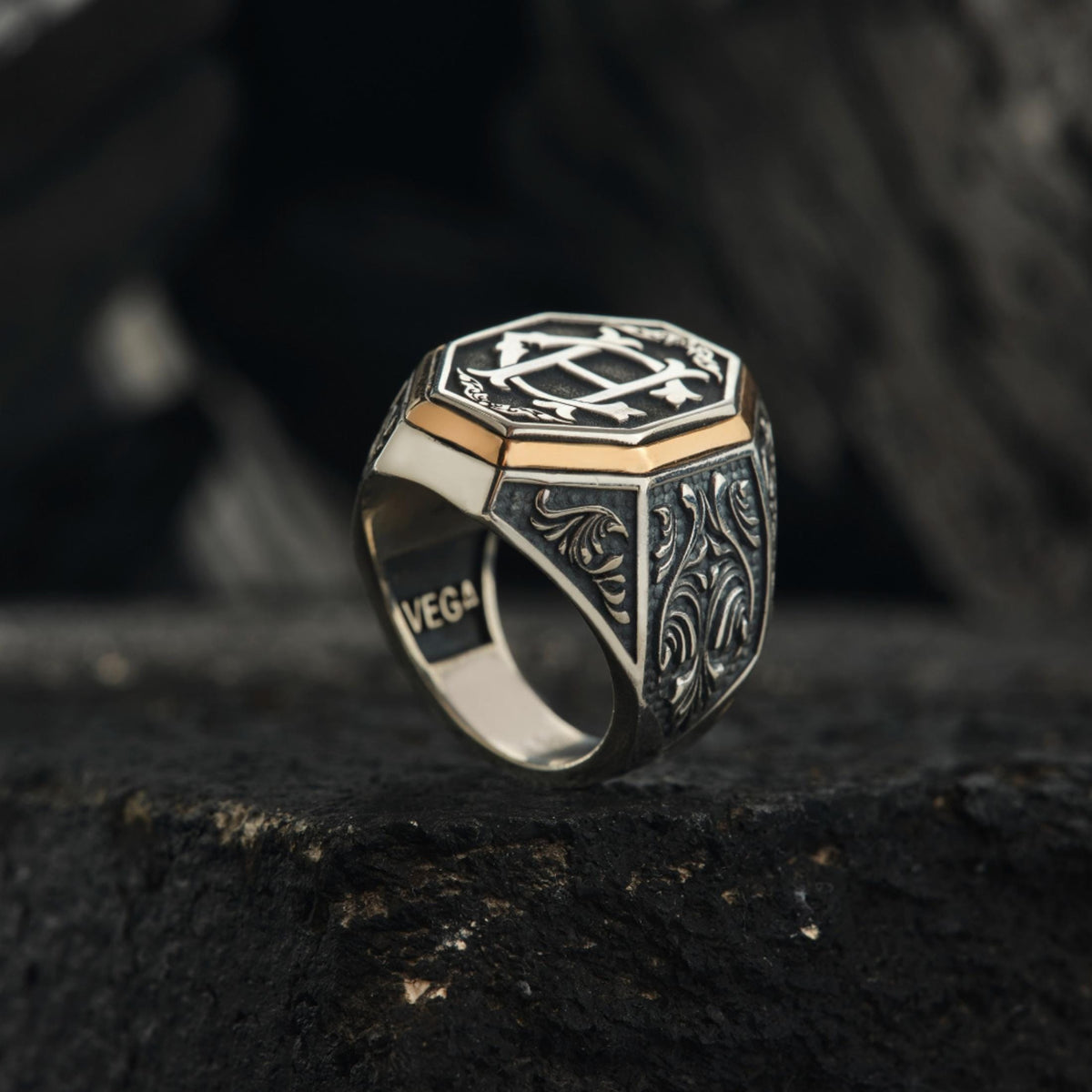 Engraved initial octagon ring – view 4