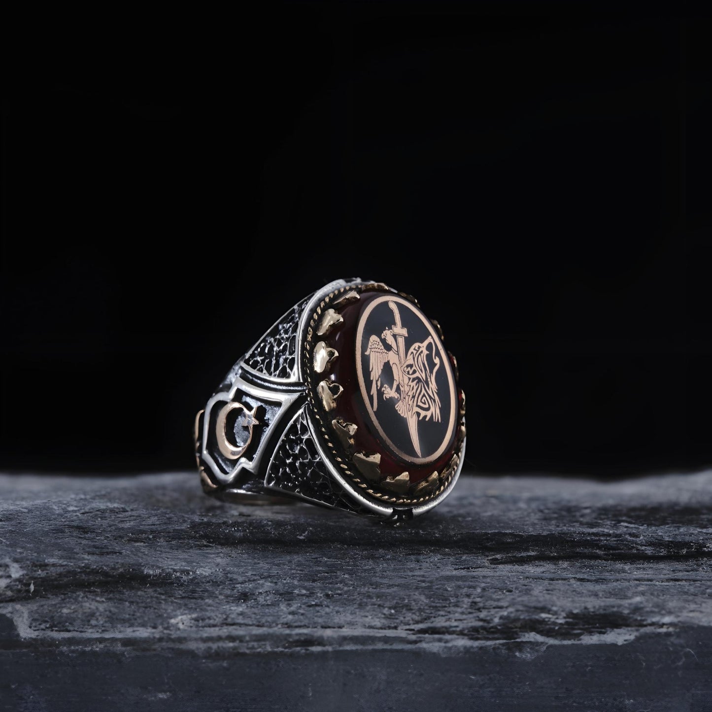 Wolf- und Adlerring aus Sterlingsilber: Schmuck aus rotem Bernstein, türkischer Bozkurt-Schmuck