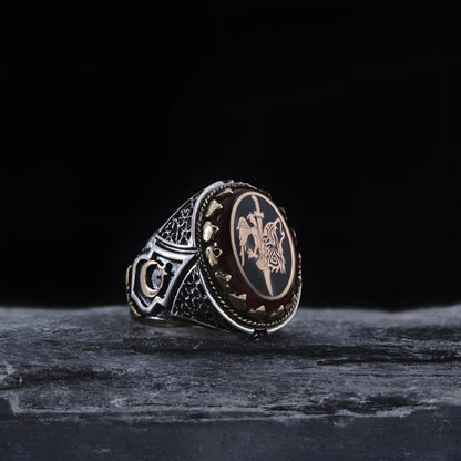 Wolf- und Adlerring aus Sterlingsilber: Schmuck aus rotem Bernstein, türkischer Bozkurt-Schmuck
