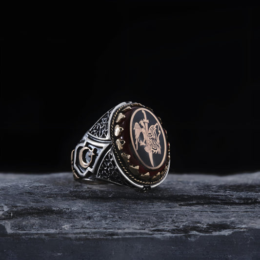 Wolf Eagle Ring 925 Silver Red Amber Turkish Design Handmade