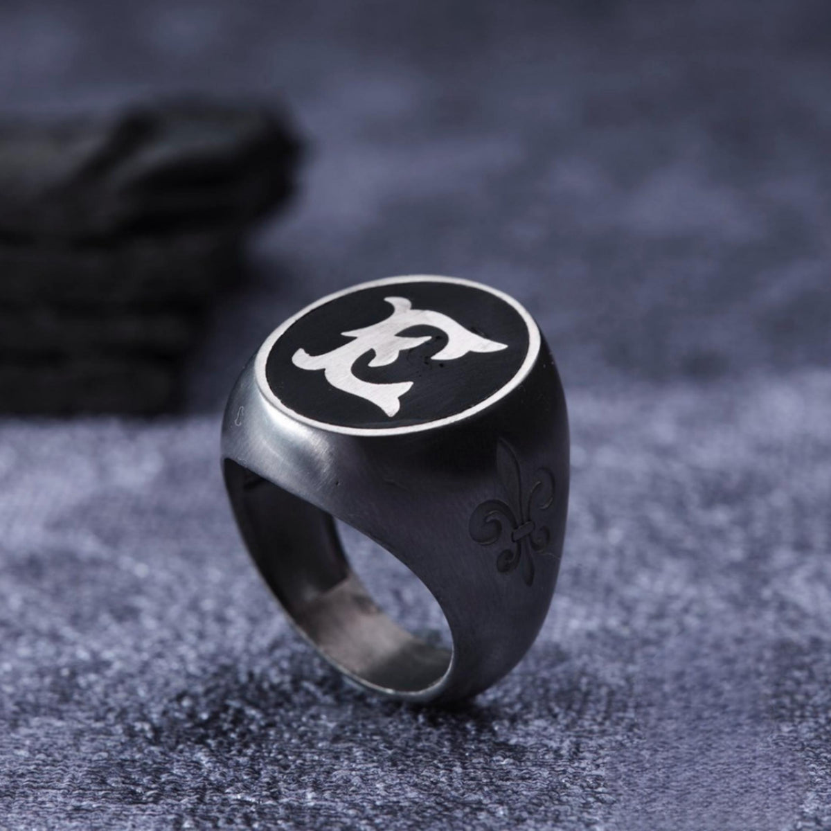 Engraved initial men's ring on black – view 3