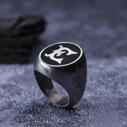 Engraved initial men's ring on black – view 3