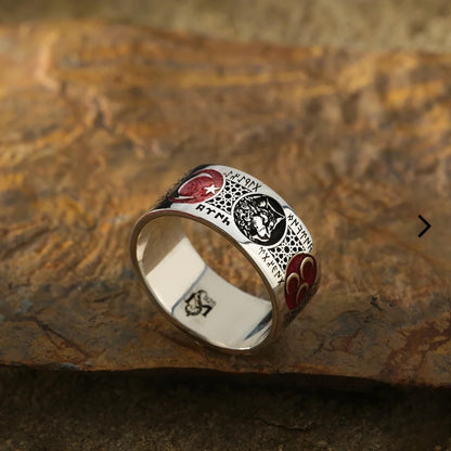 Triple Crescent & Wolf Silver Band Ring | Turkish Heritage | 925 Sterling Silver