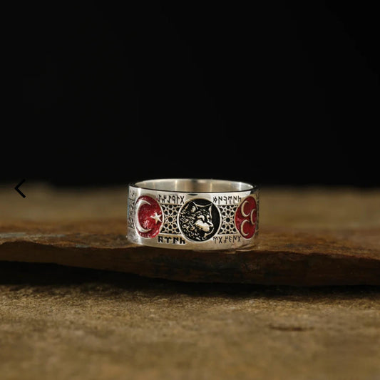 Ehering aus Sterlingsilber mit Wolfsmotiv – Türkisches Halbmondsymbol, einzigartiger Herrenschmuck