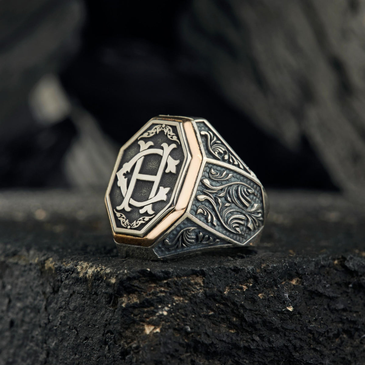 Engraved initial octagon ring – view 3