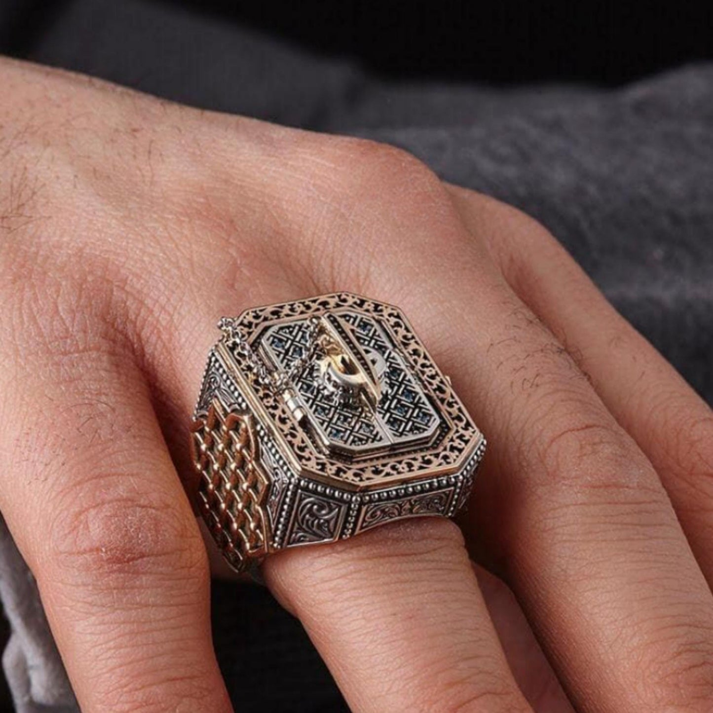 Kaaba Motif Ring 925 Silver Islamic Ottoman Handmade Quran