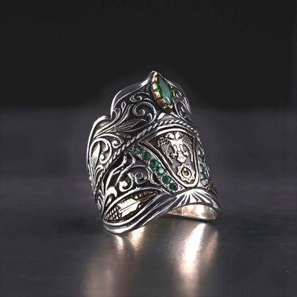 Double Eagle Zihgir Ring 925 Silver Green Zircon Seljuk Handmade