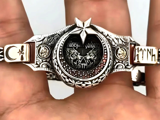 Crescent Star 925 Sterling Silver Men's Bracelet Personalized Name Engraving OttomanSymbol
