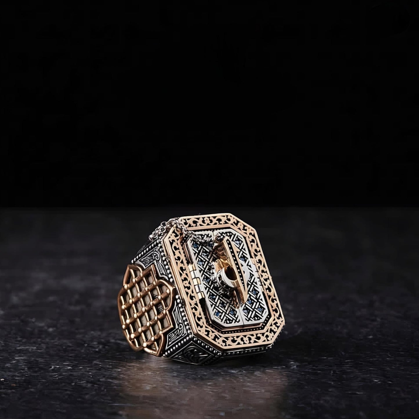 Kaaba Motif Ring 925 Silver Islamic Ottoman Handmade Quran