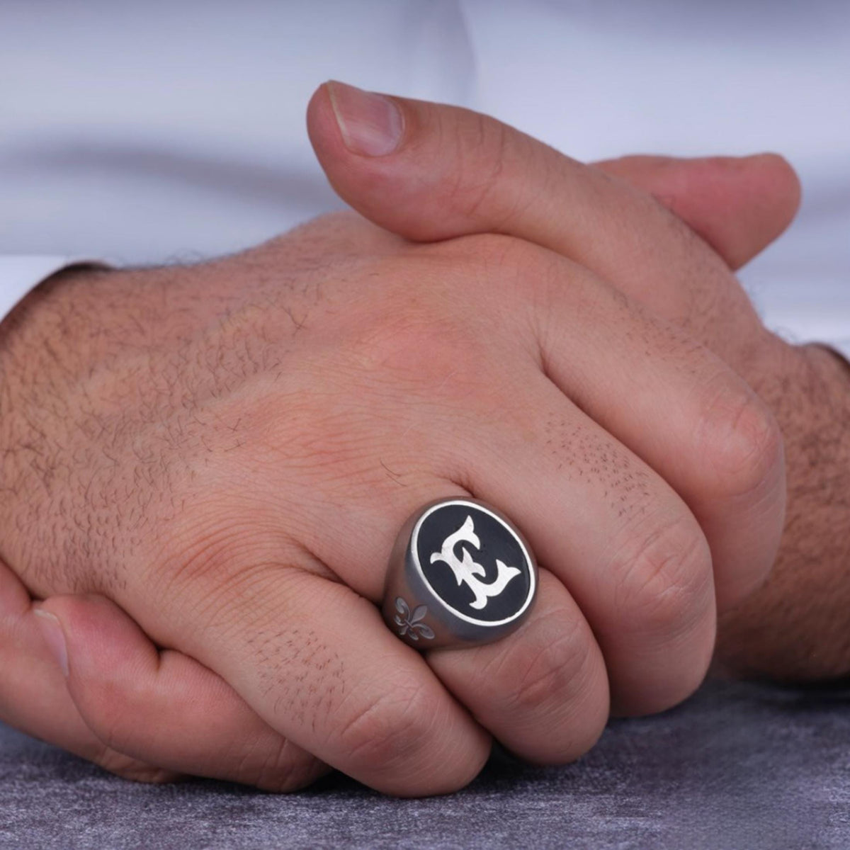 Engraved initial men's ring on black – view 2
