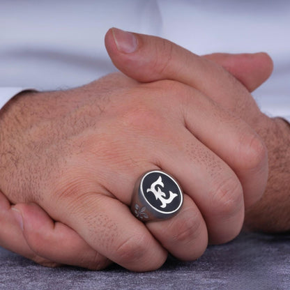 Engraved initial men's ring on black – view 2