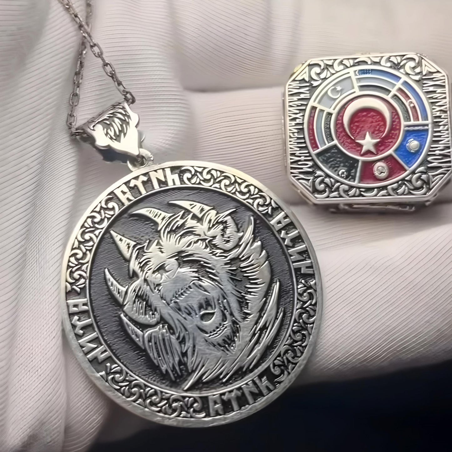 Sterling Silver Wolf Claw Ring & Medallion Set - Gokturk Script Heritage Jewelry