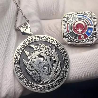 Sterling Silver Wolf Claw Ring & Medallion Set - Gokturk Script Heritage Jewelry