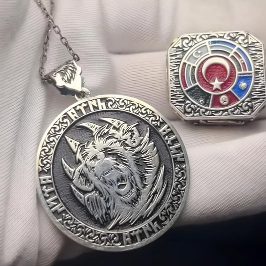 Sterling Silver Wolf Claw Ring & Medallion Set - Gokturk Script Heritage Jewelry