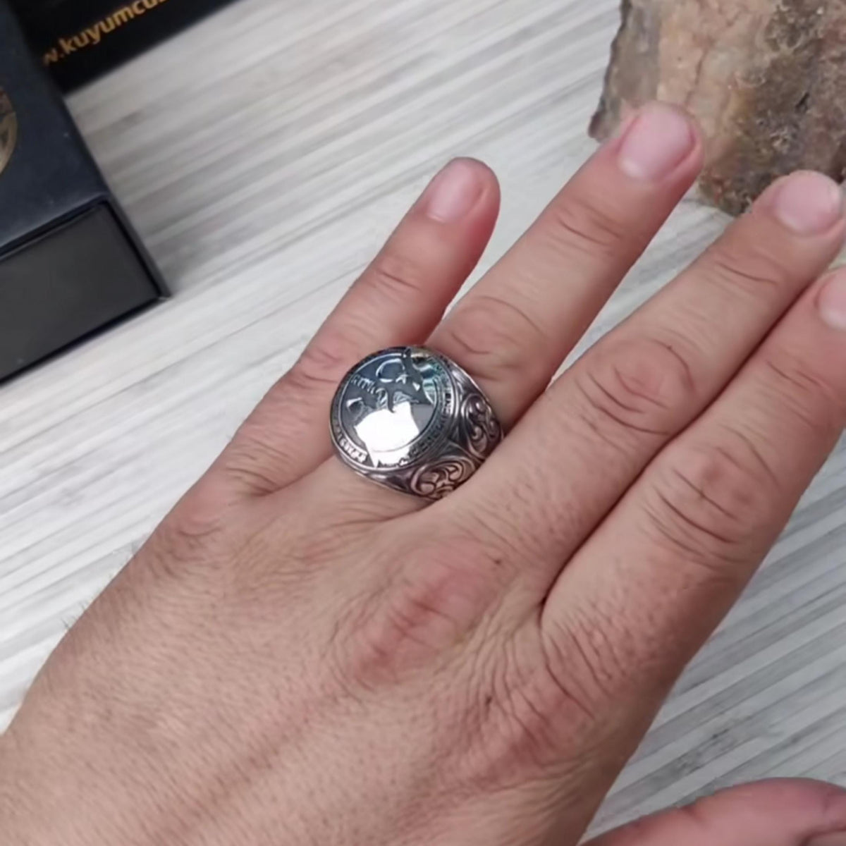 Turkish wolf ring with 16 Turkic States flags – view 2
