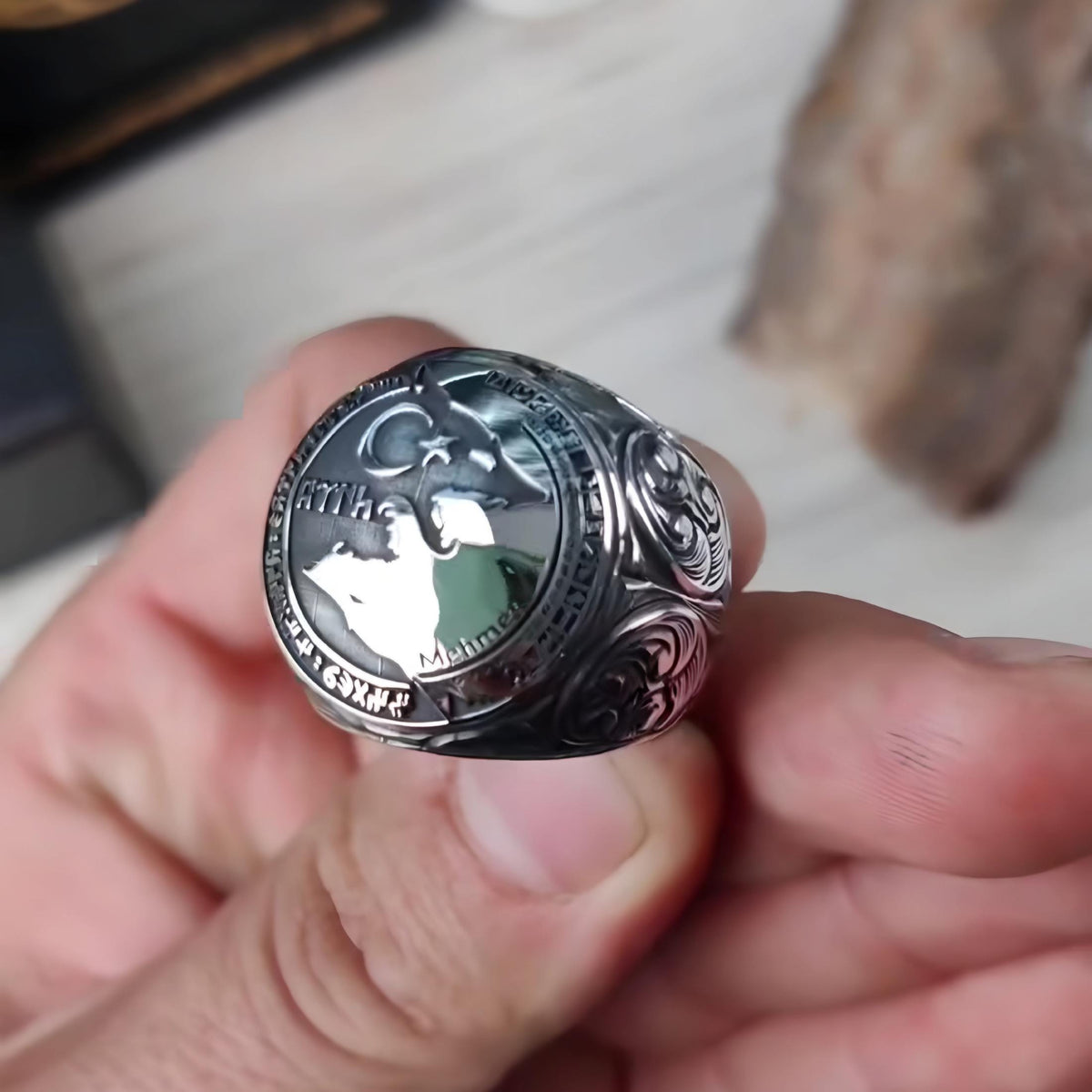 Turkish wolf ring with 16 Turkic States flags – view 3