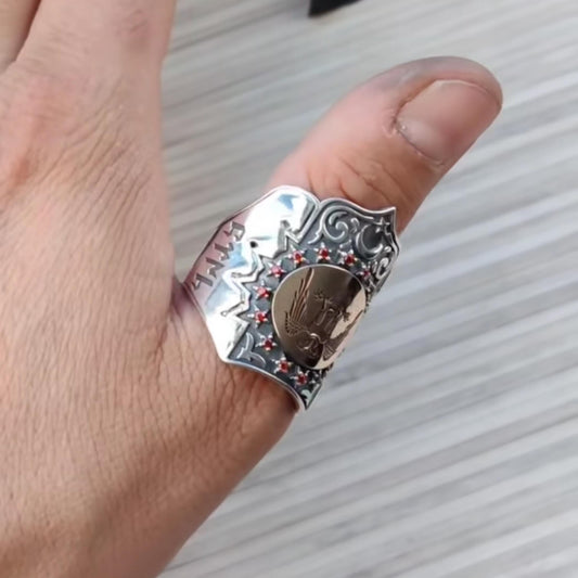 Seljuk double-headed eagle zihgir archer ring with red zircon – view 2
