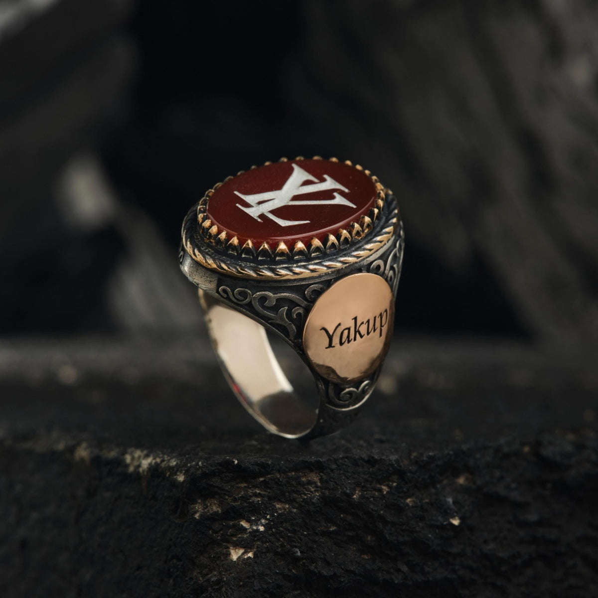 Brown agate initial ring with filigree setting – view 4