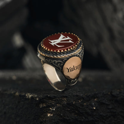 Brown agate initial ring with filigree setting – view 4