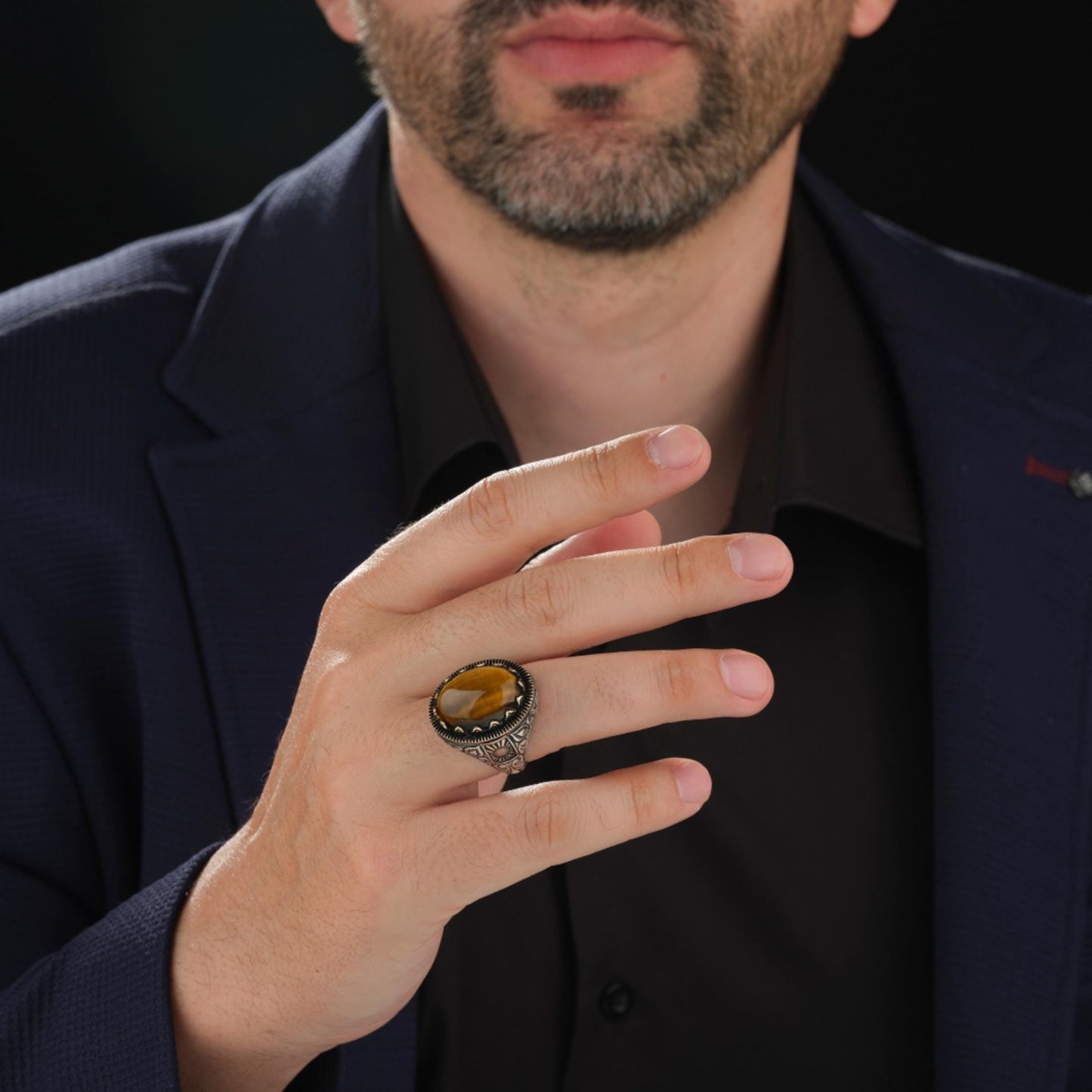 Tiger Eye Ring 925 Silver Oval Ottoman Engraved Handmade Men