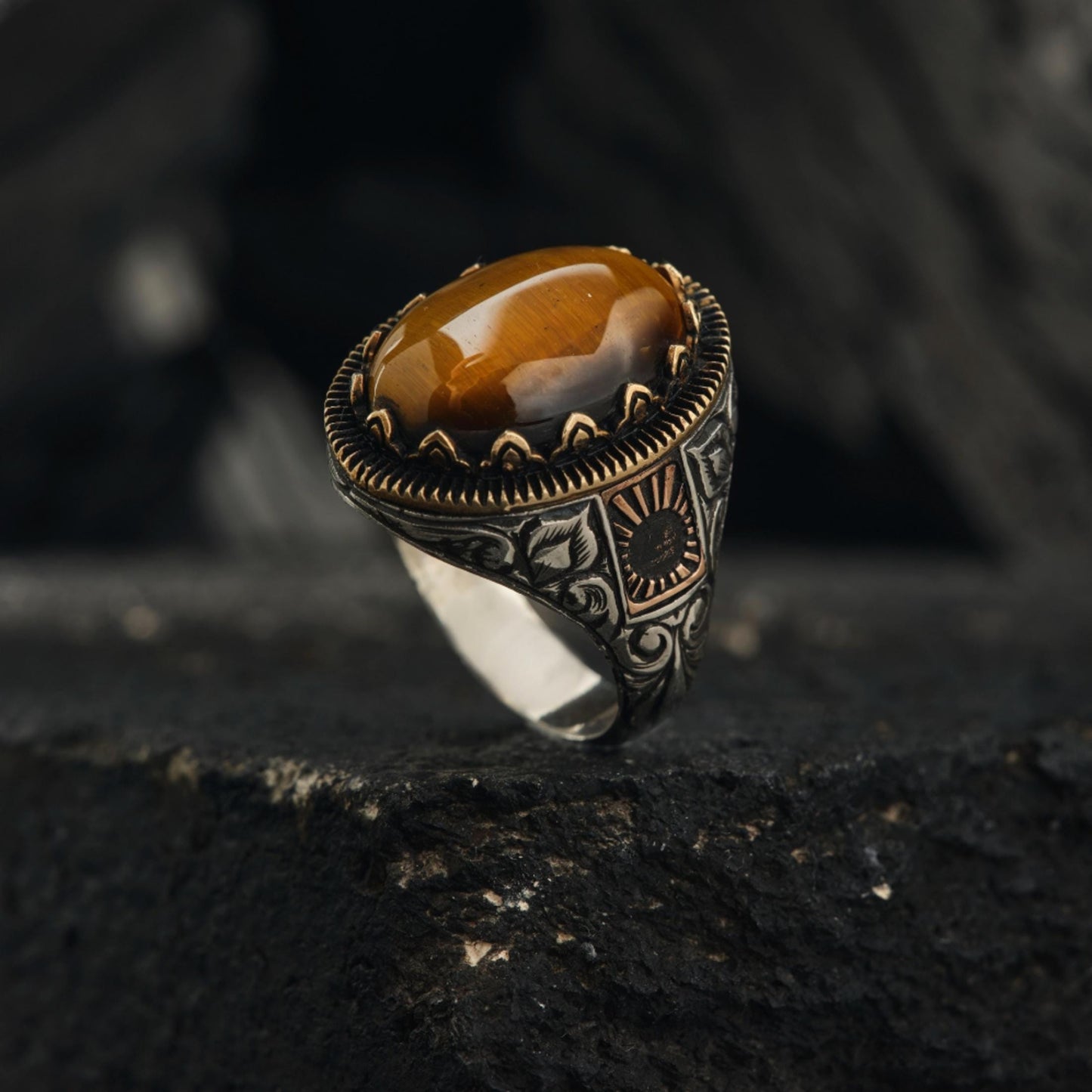 Tiger Eye Ring 925 Silver Oval Ottoman Engraved Handmade Men