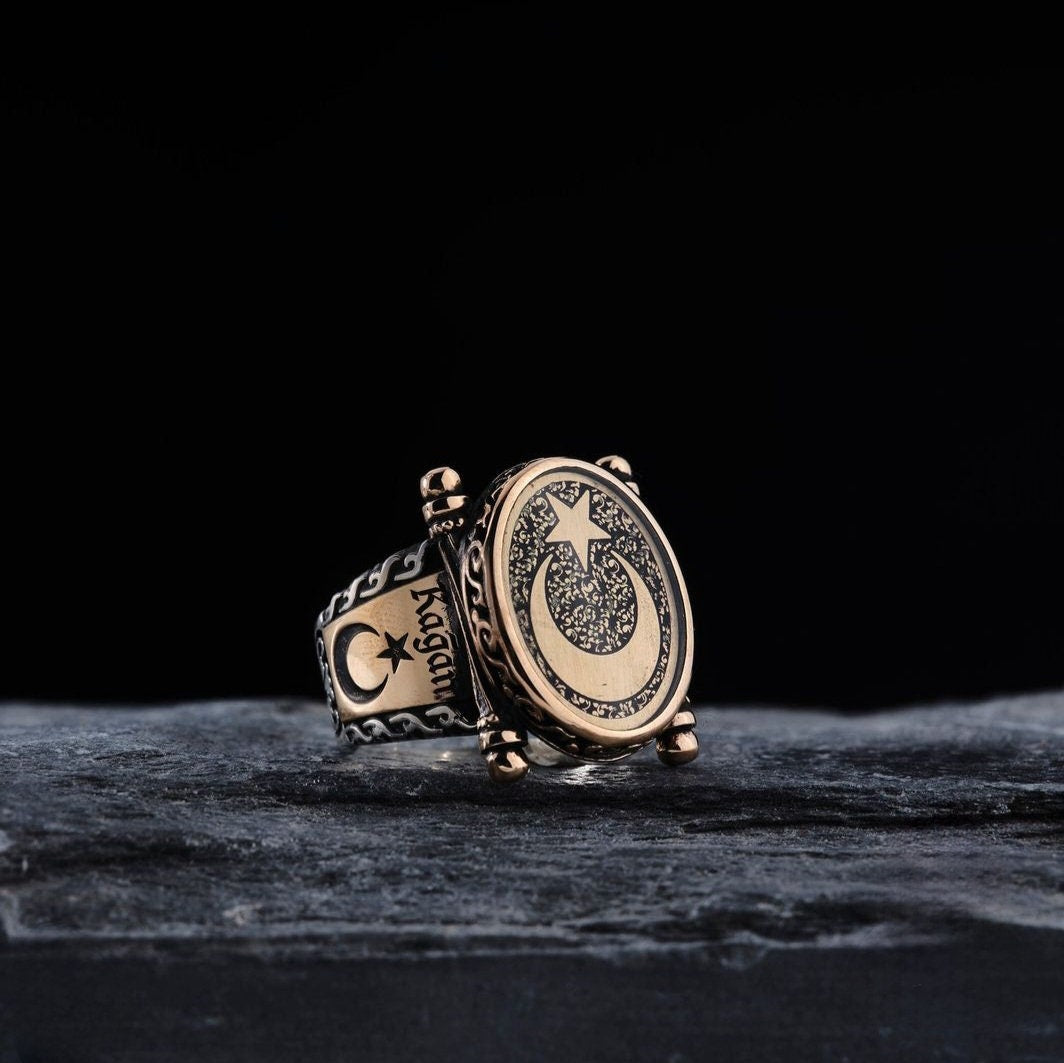 Türkischer Stern- und Mondring: Handgefertigter Herrenschmuck aus 925er Sterlingsilber