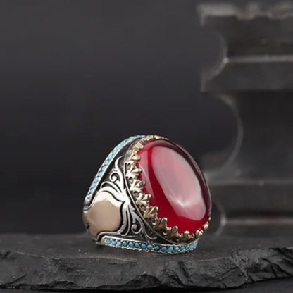 Ottoman Silver Ring with Red Fire Amber & Turquoise Zircon