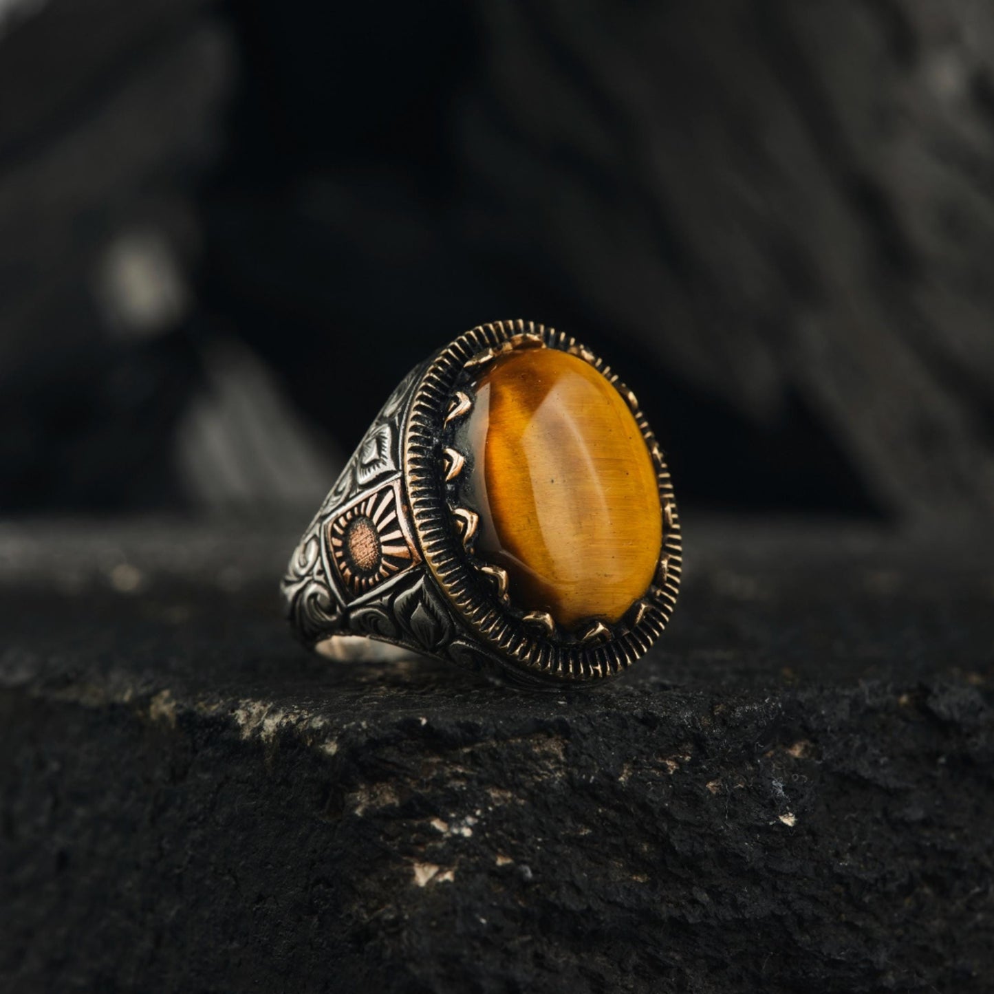 Tiger Eye Ring 925 Silver Oval Ottoman Engraved Handmade Men