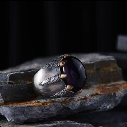 Amethyst Silver Ring – Tumbled Finish & Claw Wall Motif | 925 Unisex