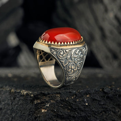 Brown Agate Ring 925 Silver Ottoman Engraved Men Handmade