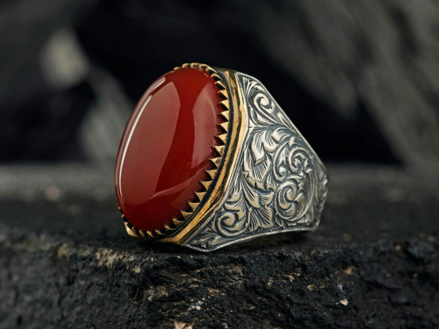 Brown Agate Ring 925 Silver Ottoman Engraved Men Handmade