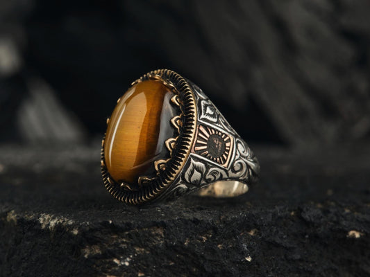Tiger Eye Ring 925 Silver Oval Ottoman Engraved Handmade Men