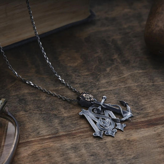 Anchor Necklace 925 Silver Men Personalized Initial Oxidized