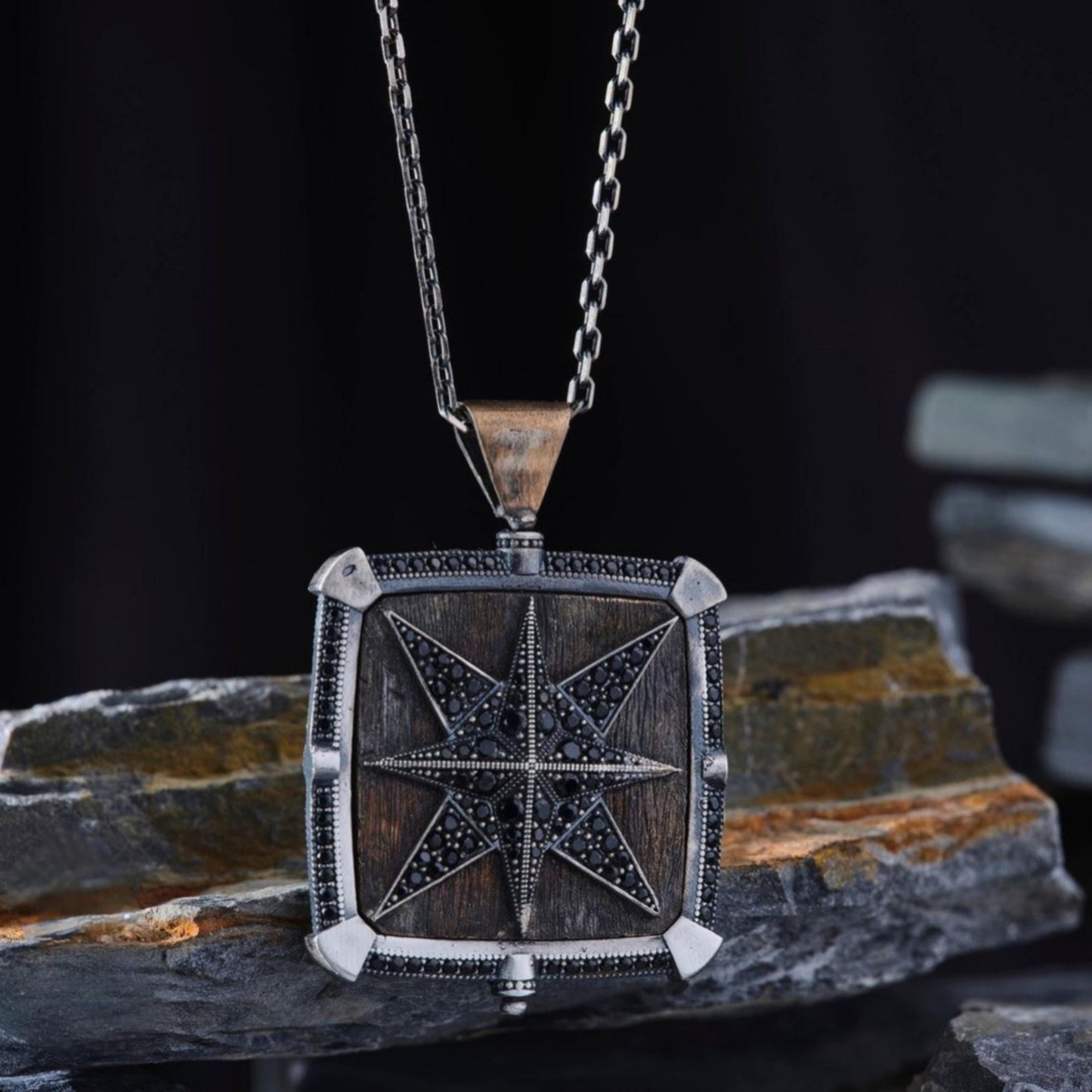 Rotating Compass Star Necklace 925 Silver Kufi Name Handmade