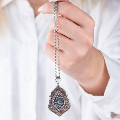 Name Necklace 925 Sterling Silver Arabic Calligraphy Seljuk Motif Red Zircon Personalized OttomanHandmade
