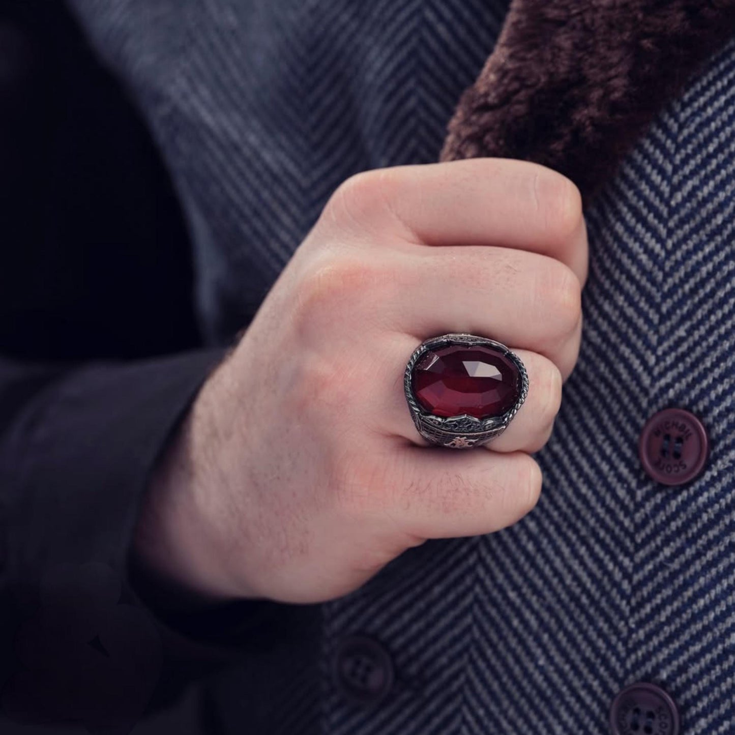 Red Zircon Ring 925 Sterling Silver Zindan Motif Custom Initials OttomanHandmade Men