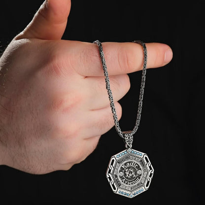 Octagonal Medallion Necklace 925 Sterling Silver Blue Topaz Arabic Calligraphy Personalized OttomanHandmade